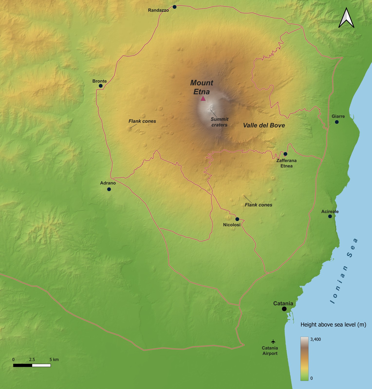 Labelled relief map of Mount Etna and the surrounding area