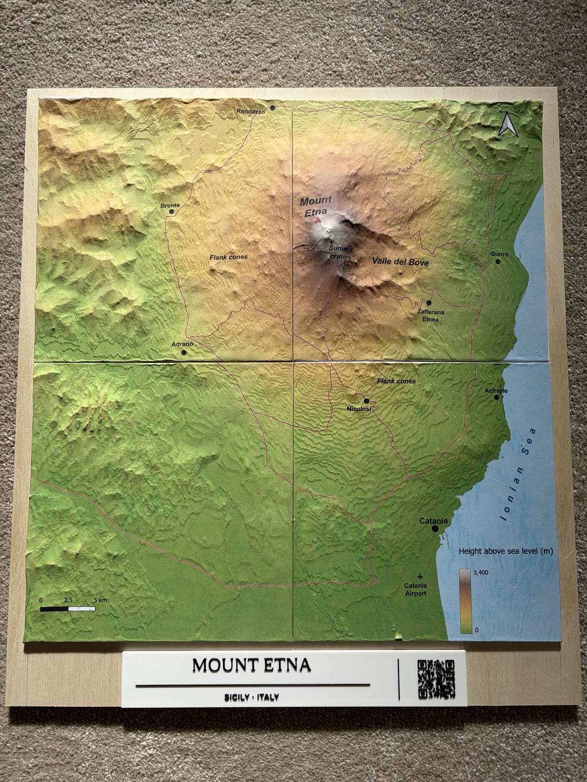 Finished four-tile Mount Etna model on plywood, with a title plaque and QR code beneath the terrain.