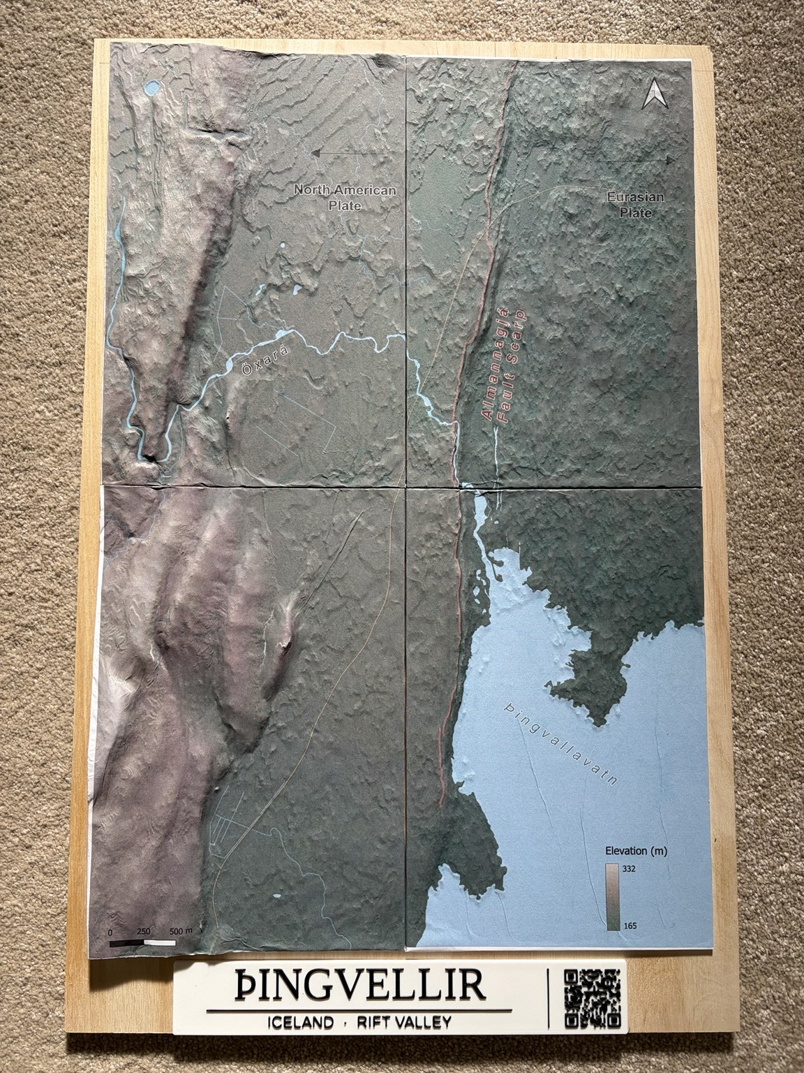 Full view of the completed Þingvellir rift model on its backing board.