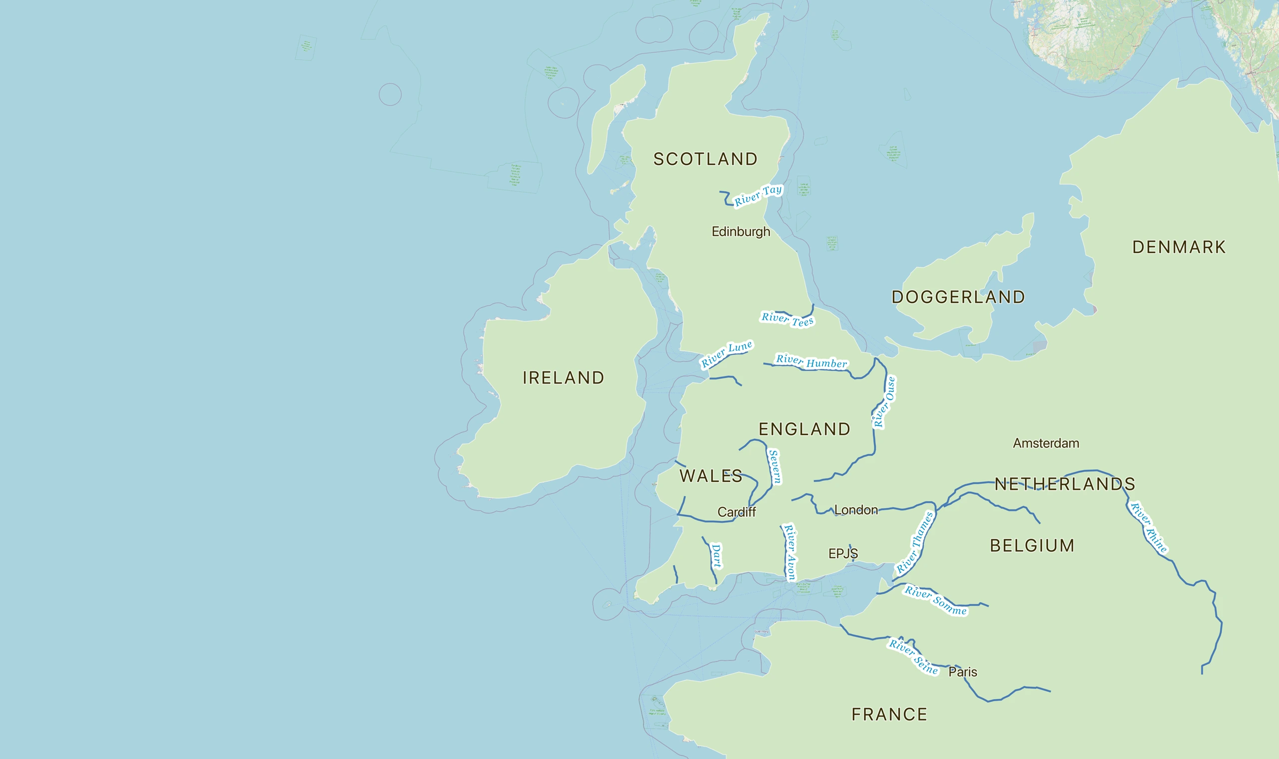 Historical reconstruction labelled 7000 BC, showing Doggerland and a different coastline.