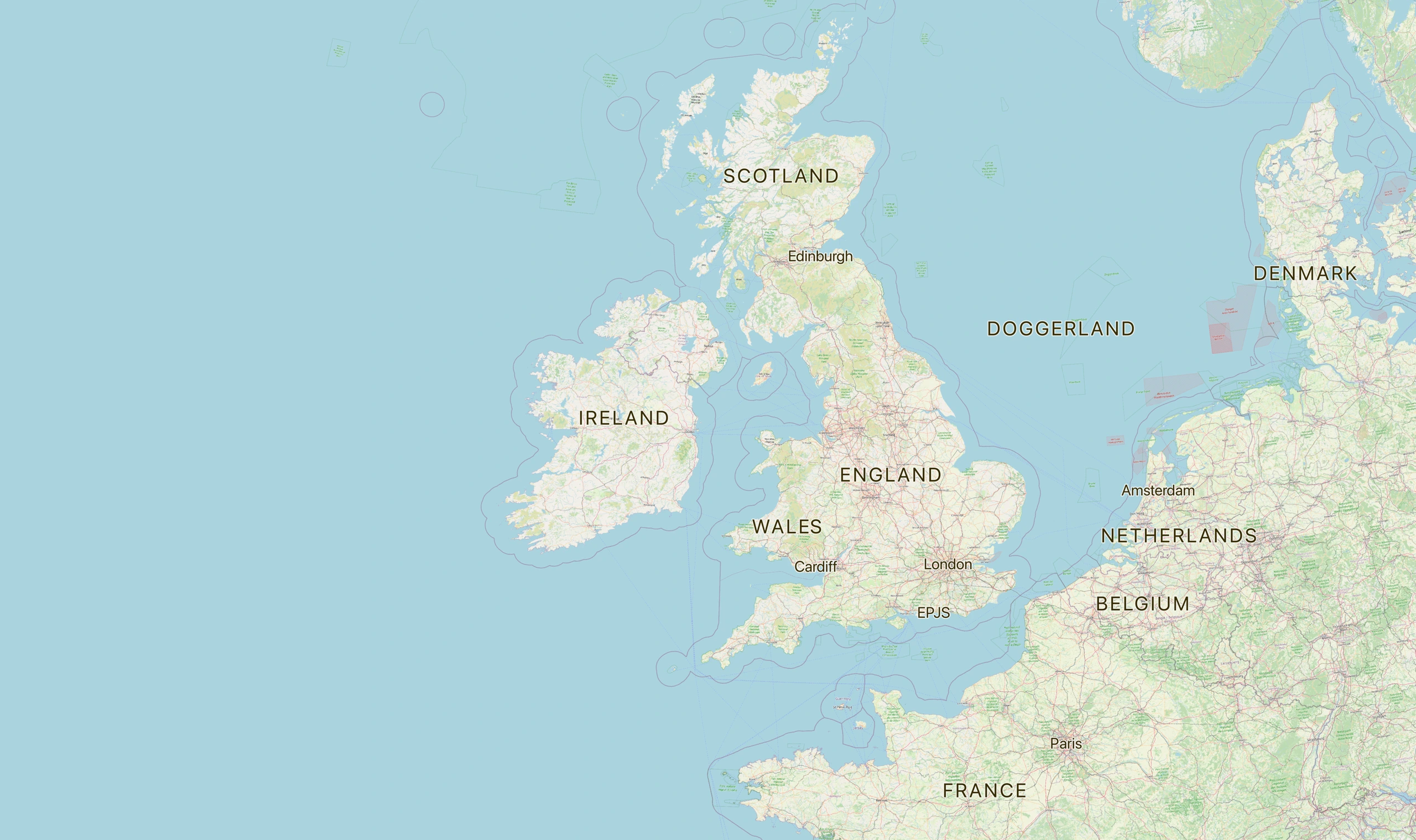 Map of Britain, Ireland and nearby mainland Europe today.