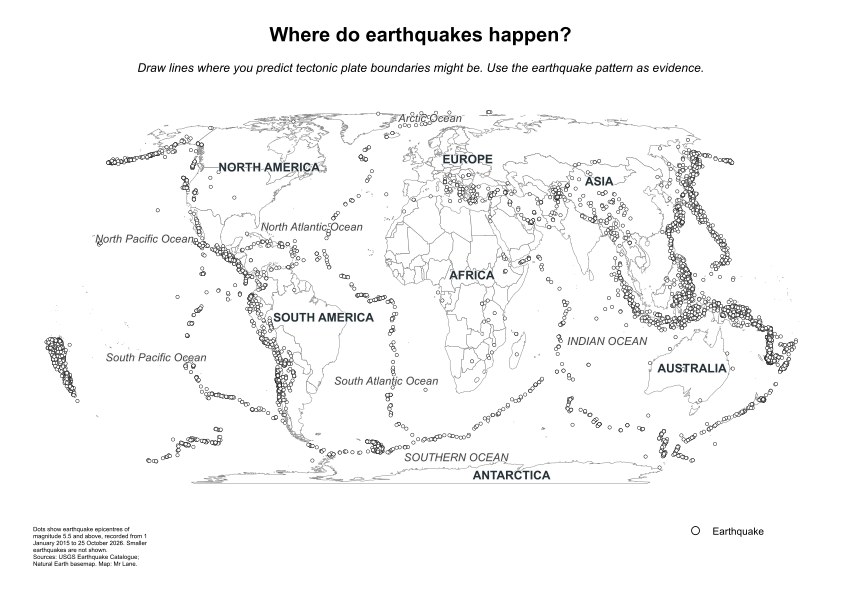 Black-and-white worksheet showing earthquake locations on a world map, with space to infer plate boundaries