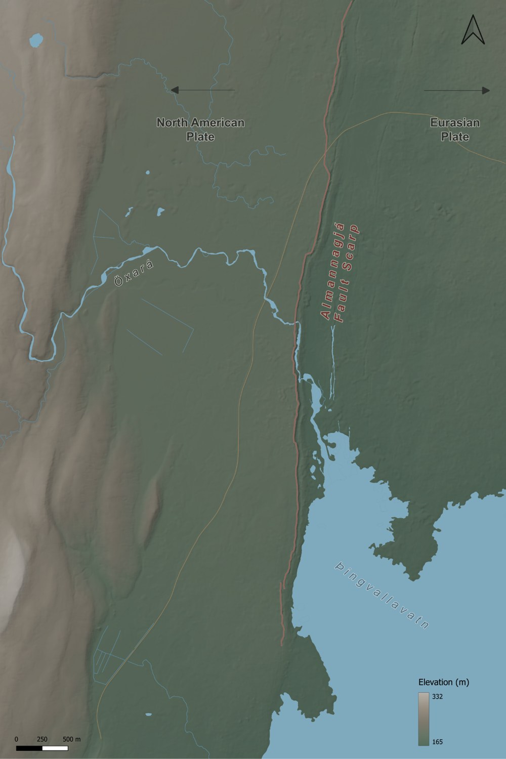 Relief map of Þingvellir showing Almannagjá fault scarp, rivers, lake and arrows illustrating plate divergence