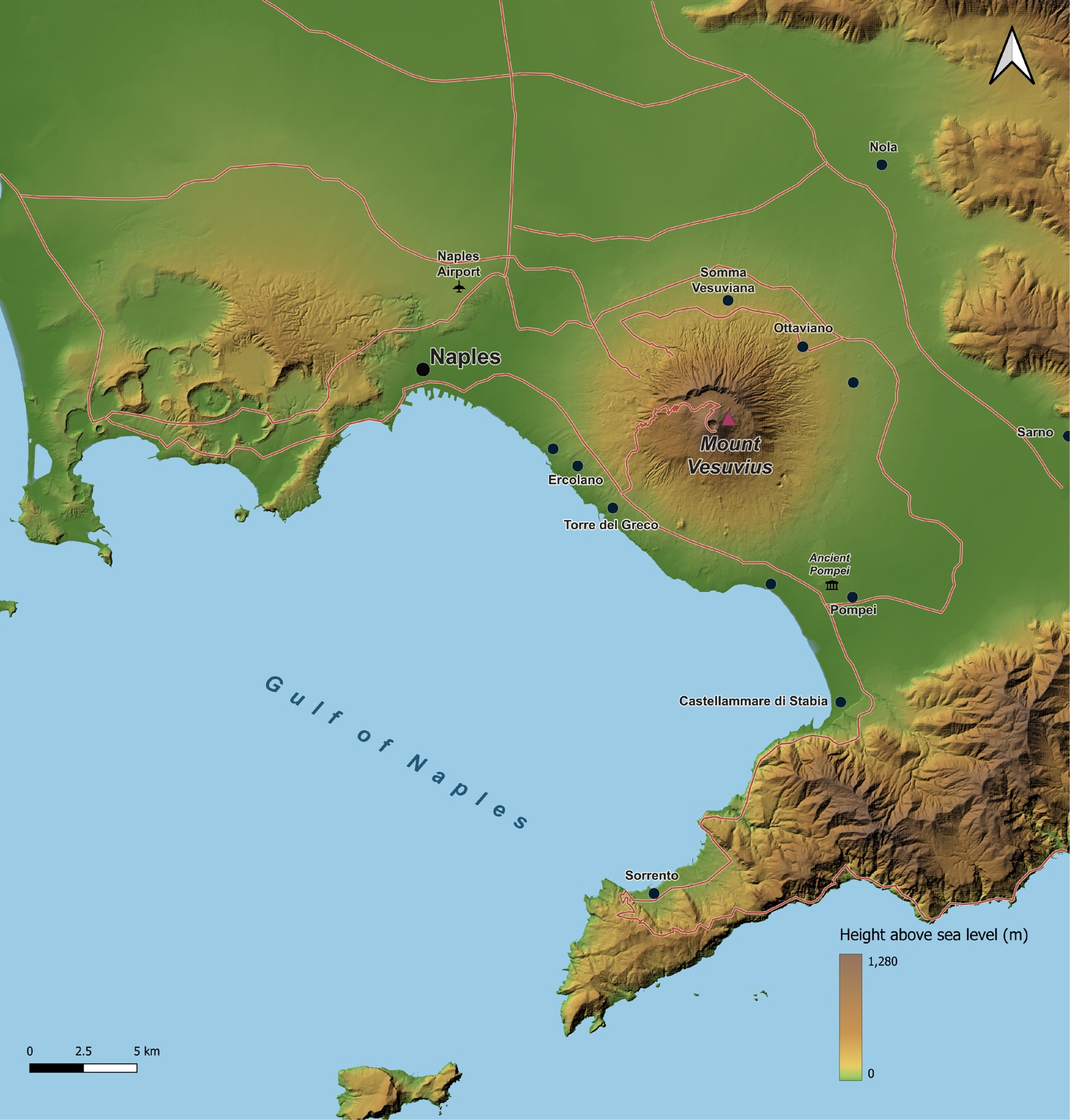 Labelled relief map of Mount Vesuvius and the surrounding area